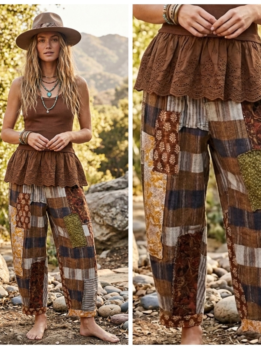 Oli & Hali Brown Multi Patchwork Distressed Vintage Wash  Pants